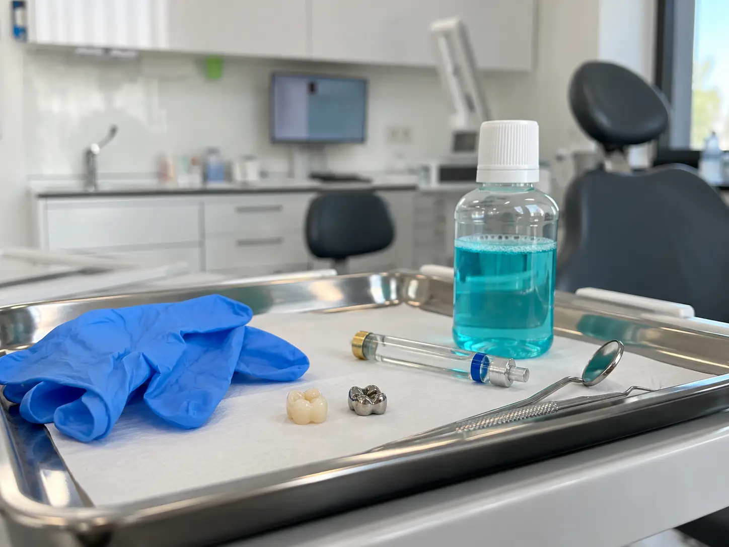 Zusammenstellung verschiedener Materialien, die bei der Behandlung beim Zahnarzt zum Einsatz kommen.